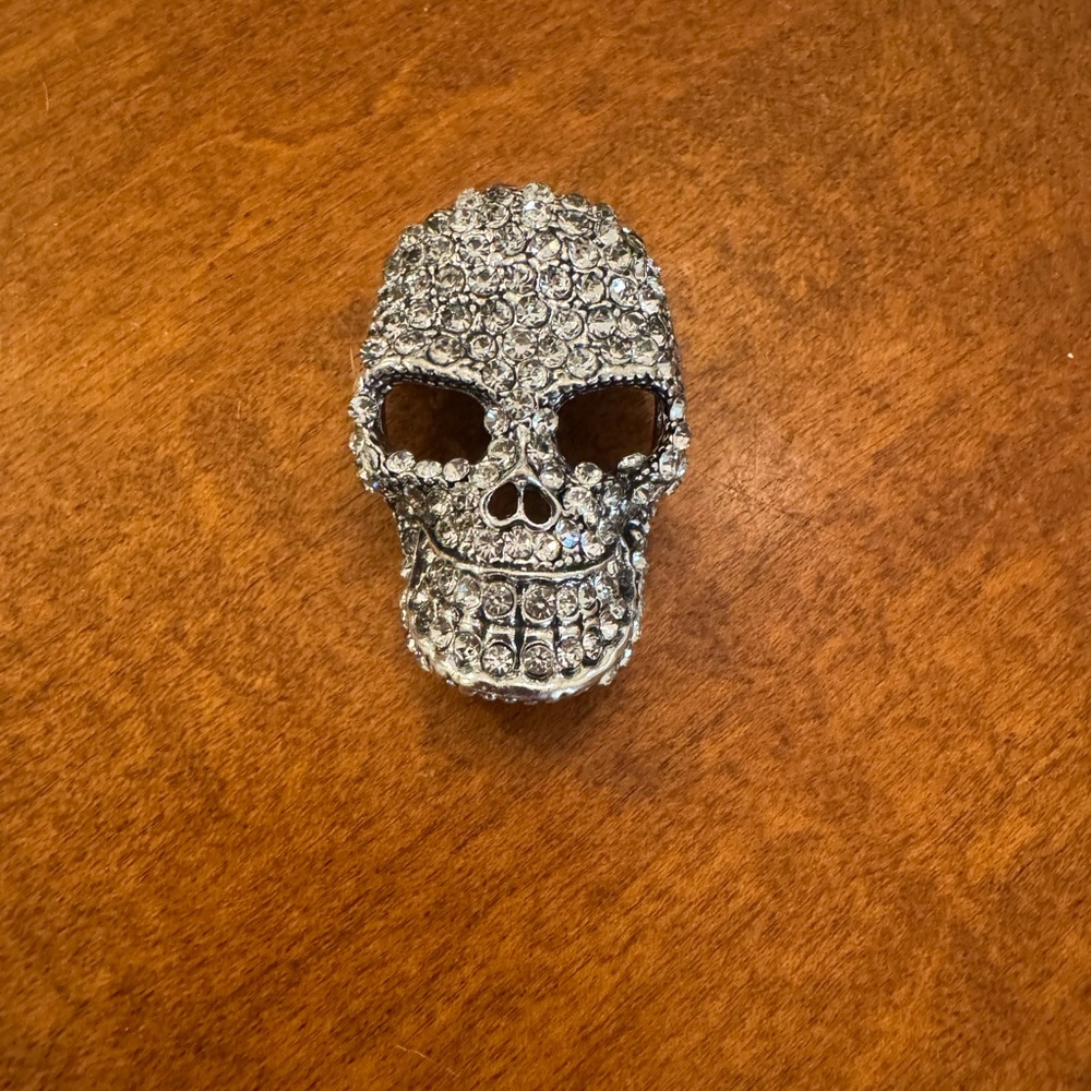 Silver Rhinestone Skull Brooch